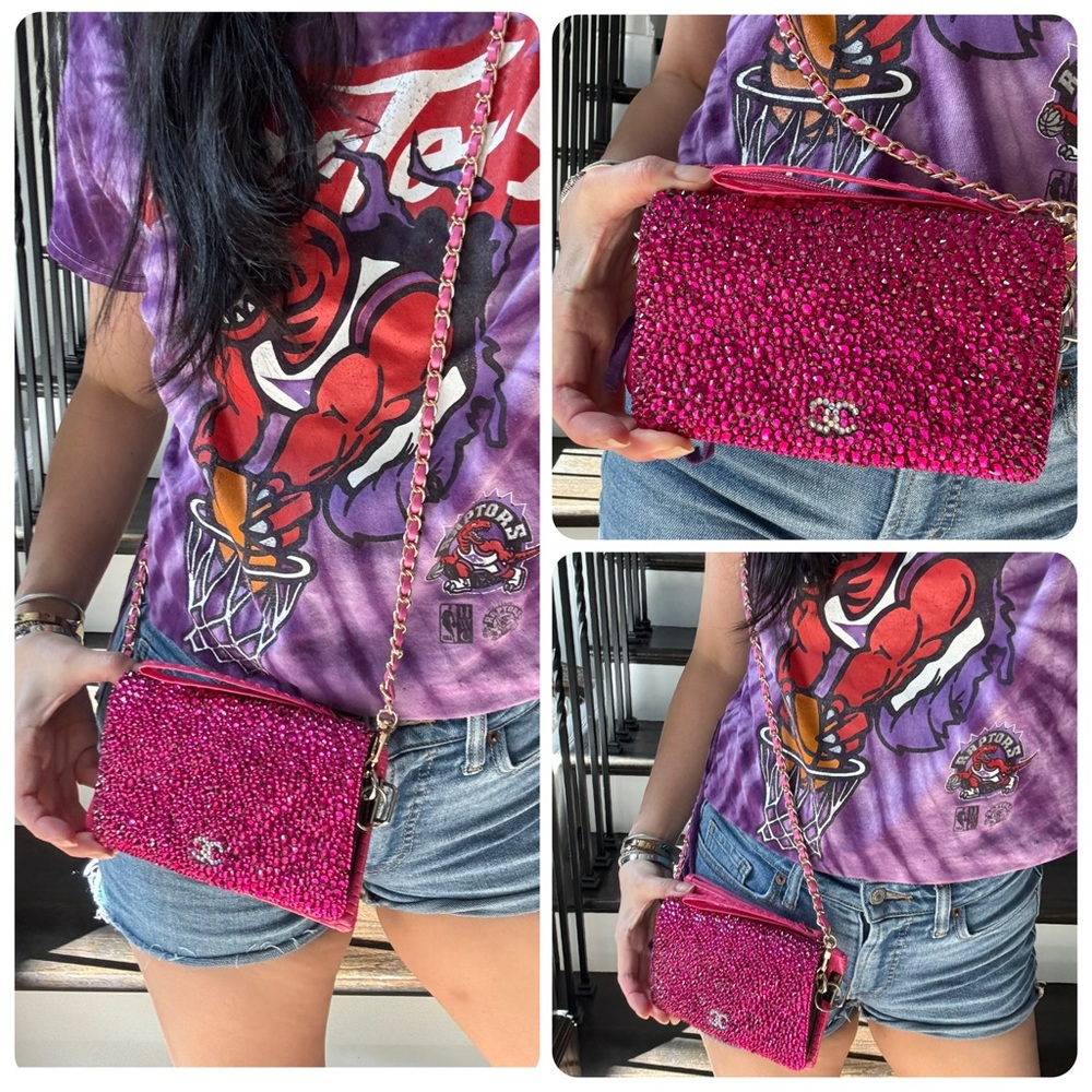 CHA-NEL CC Custom Rhinestone Hot Pink Leather Wallet on Chain - Picture 14 of 14